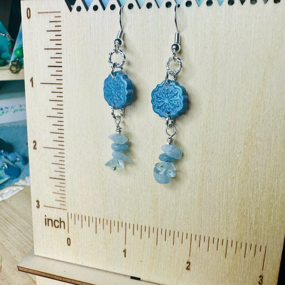 Hand Crafted Aquamarine Chip Earrings with Polymer Clay Snowflake Connector - Picture 5 of 5